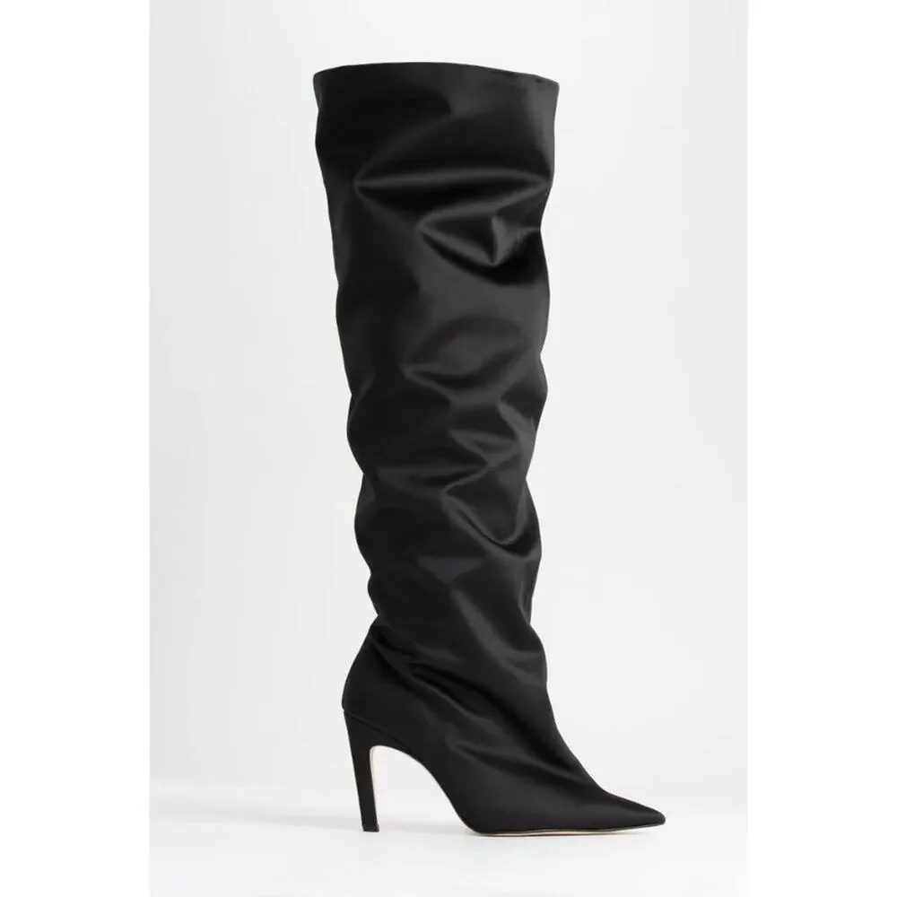 Good American Black Satin Over the Knee Slouchy Stiletto Boots Sz 5.5 Pointy Toe